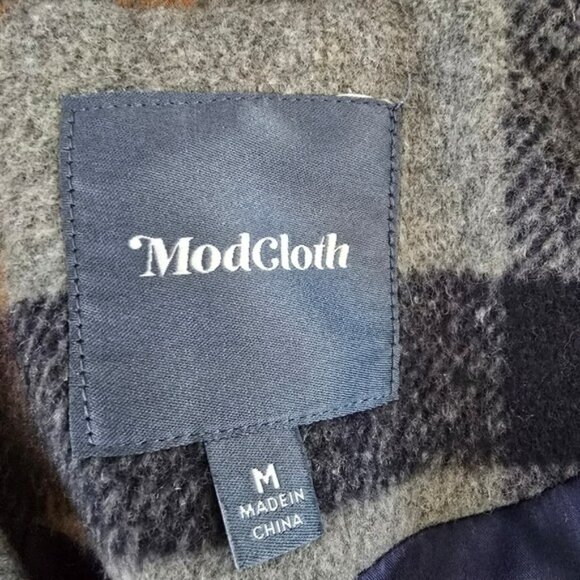 Modcloth Women's Gray Orange Plaid Pea Coat Size Medium Toggles Hooded Retro Y2K - Picture 7 of 15